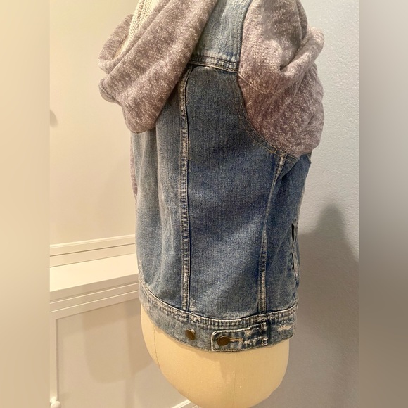 Free People Distressed Denim Jacket French Terry Sleeves and Hood - Picture 7 of 7